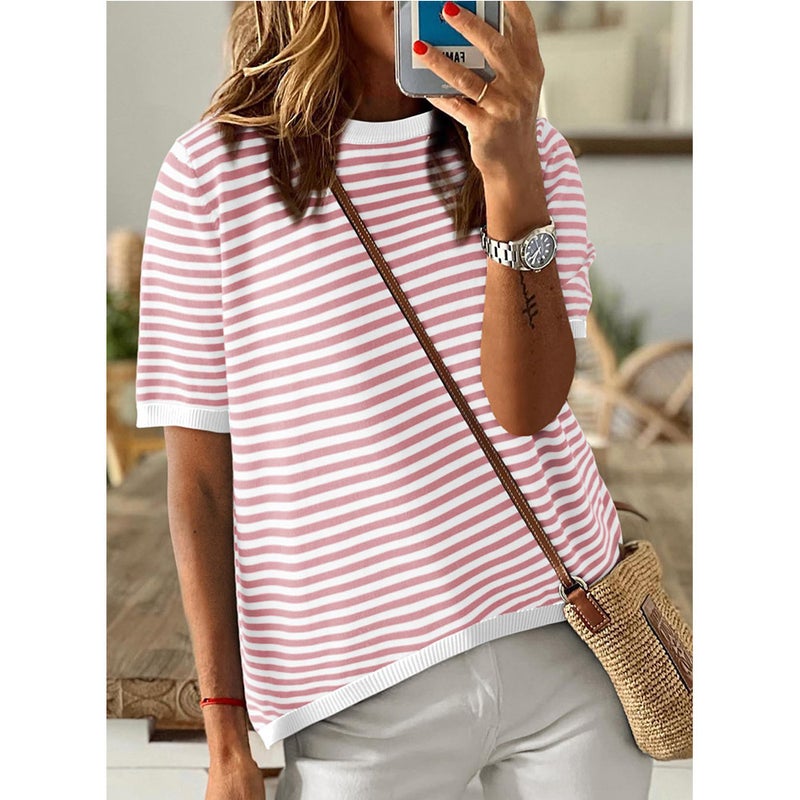 Women's Round Neck Striped Contrast Short Sleeve Casual Sweater - Image 2