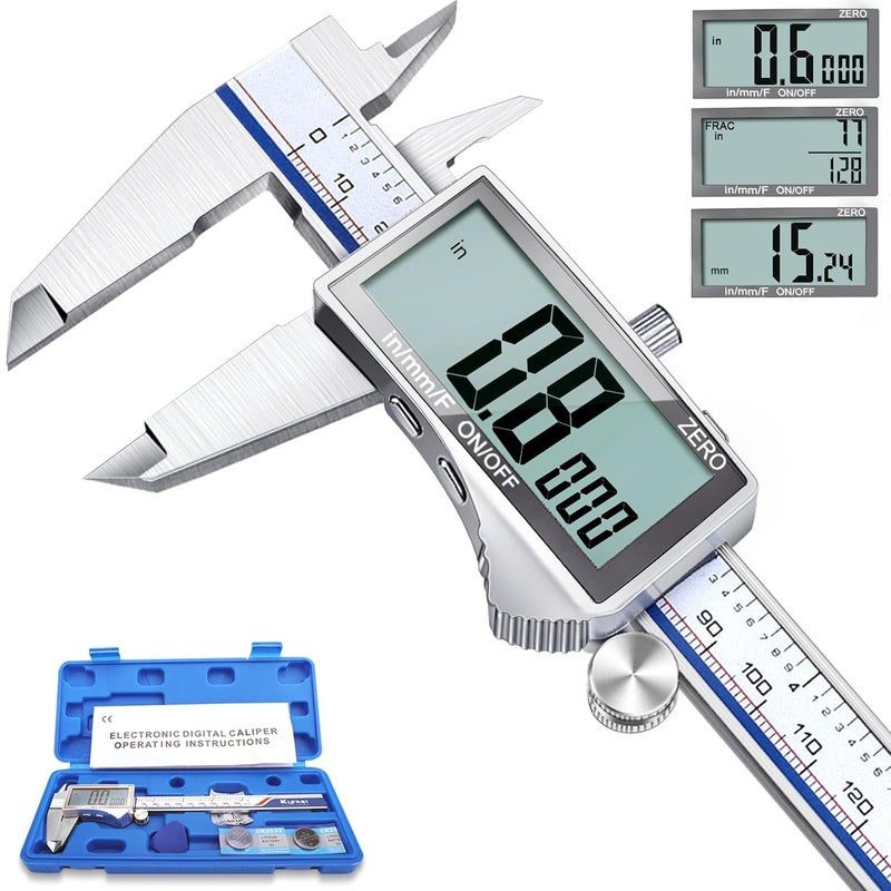 Kynup Digital Caliper Measuring Tool, Vernier Dial Caliper Digital Outside Micrometer, 6 Inch Caliper DIY Tool, Stainless Steel, Large Screen, Splash Proof, Inch Metric Fraction Switch - Image 1