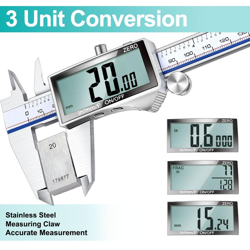 Kynup Digital Caliper Measuring Tool, Vernier Dial Caliper Digital Outside Micrometer, 6 Inch Caliper DIY Tool, Stainless Steel, Large Screen, Splash Proof, Inch Metric Fraction Switch - Image 3