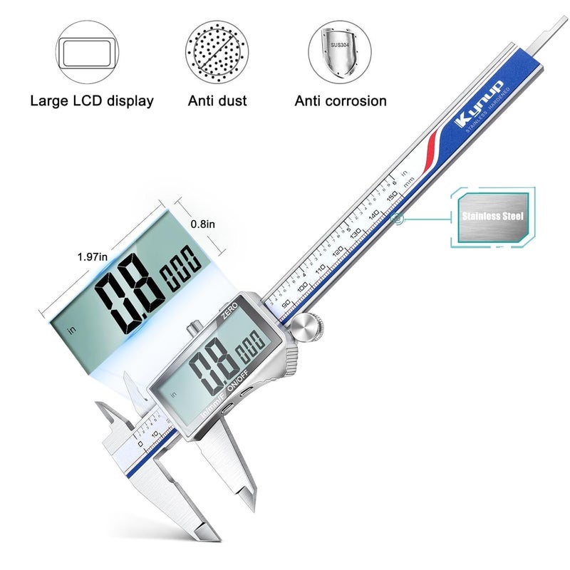 Kynup Digital Caliper Measuring Tool, Vernier Dial Caliper Digital Outside Micrometer, 6 Inch Caliper DIY Tool, Stainless Steel, Large Screen, Splash Proof, Inch Metric Fraction Switch - Image 2
