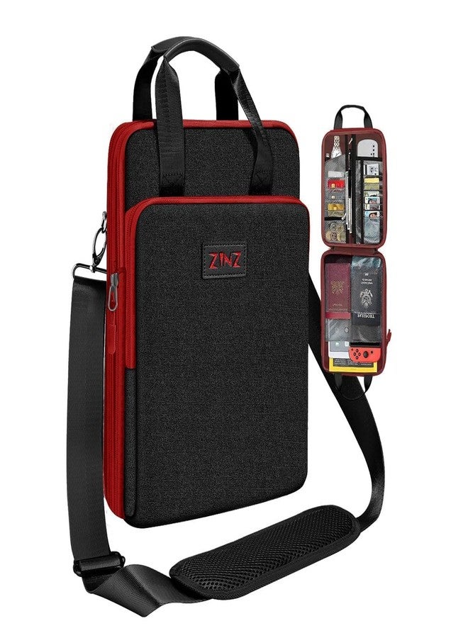 ZINZ 12.9 13 inch Laptop Case Shoulder Bag with Variable Capacity and Strap, Carry Case for Travel with Valuables & Notebook Compartments, Eco-Friendly and Water-Resistant Sleeve,Black&Red - Image 1