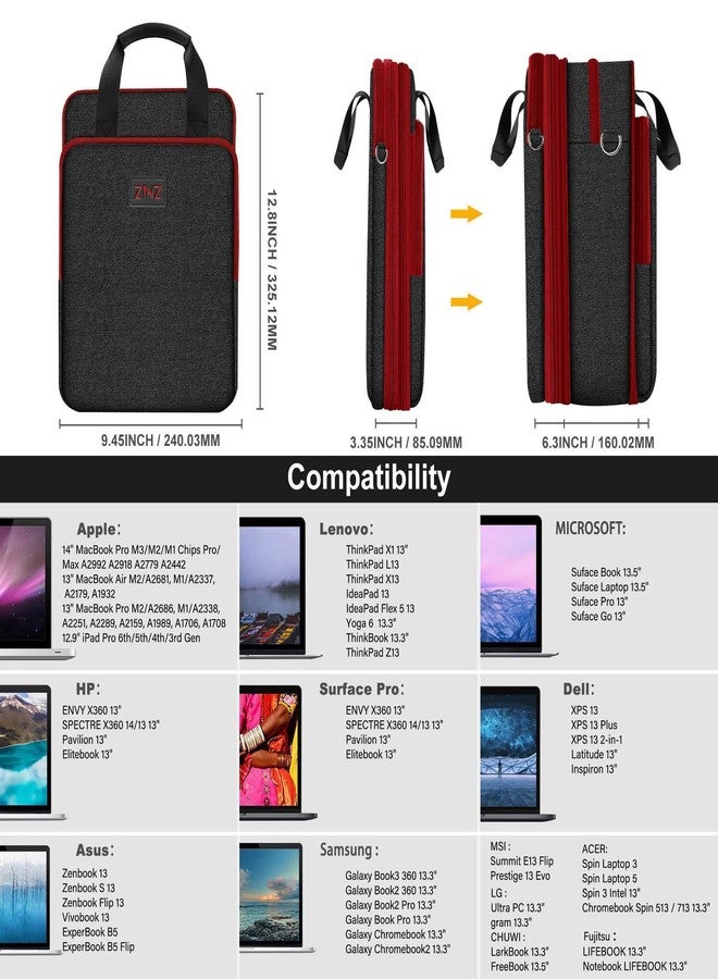 ZINZ 12.9 13 inch Laptop Case Shoulder Bag with Variable Capacity and Strap, Carry Case for Travel with Valuables & Notebook Compartments, Eco-Friendly and Water-Resistant Sleeve,Black&Red - Image 3