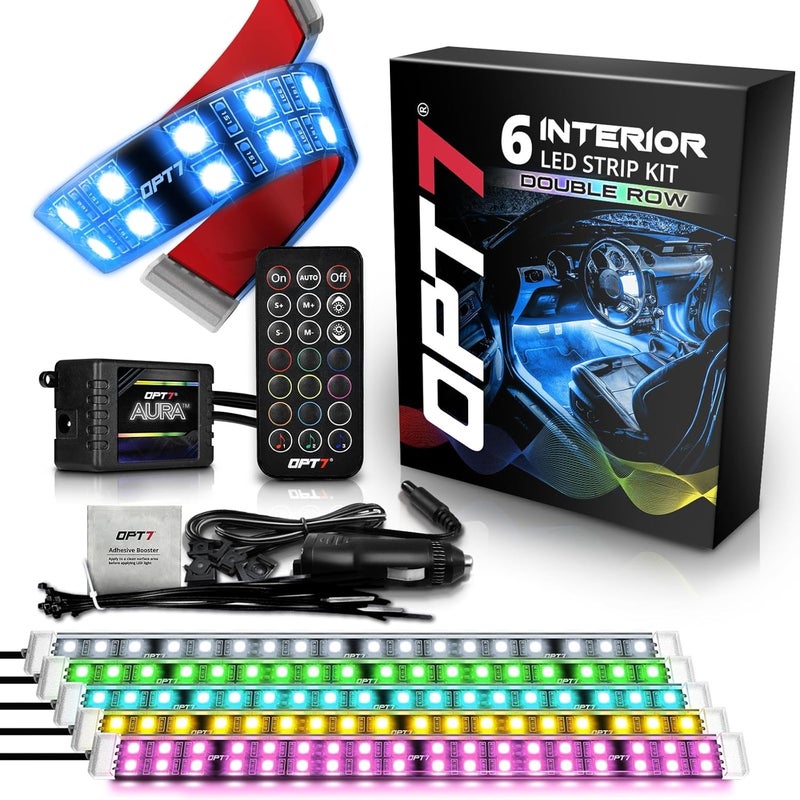 OPT7 Aura Double Row Car LED Lights Interior 6pc with Wireless Remote Control, Multicolor Mode, Sound Active Function Inside Ambient Lighting Kit, Footwell Floor Decor, Charger Adapter 12V - Image 1