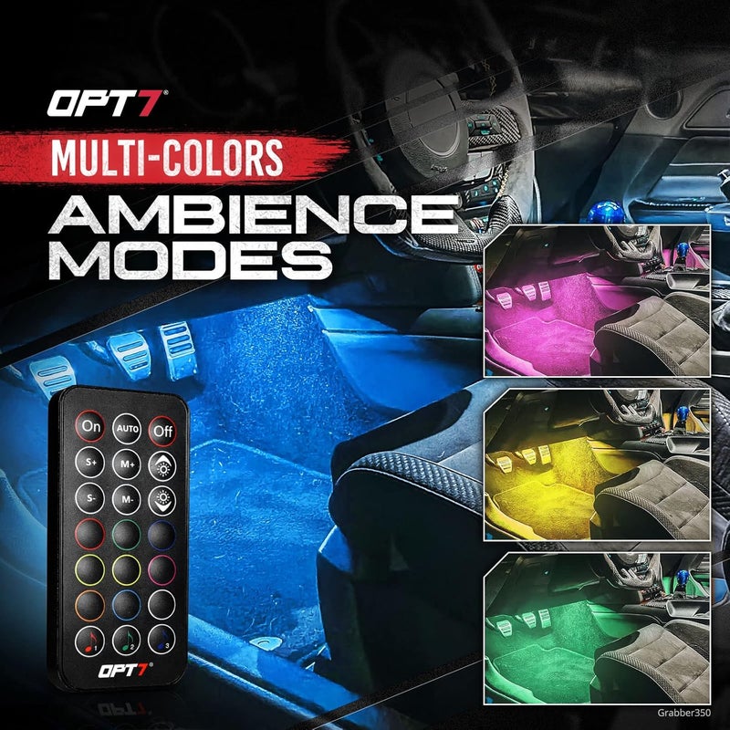OPT7 Aura Double Row Car LED Lights Interior 6pc with Wireless Remote Control, Multicolor Mode, Sound Active Function Inside Ambient Lighting Kit, Footwell Floor Decor, Charger Adapter 12V - Image 2