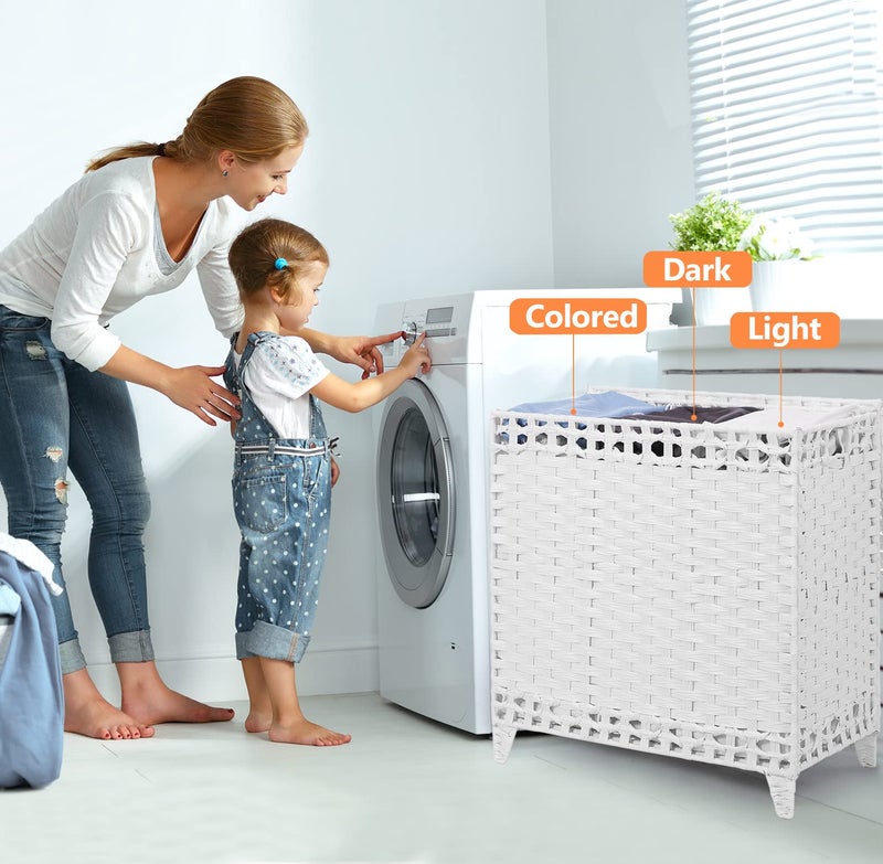 Hermina Laundry Hamper with 3 Removable Liner Bags; 132L Handwoven Rattan Laundry Basket with Lid & Heightened Feet; Clothes Hamper with Side Handles; Laundry Sorter with 3 Separate Sections (White) - Image 2