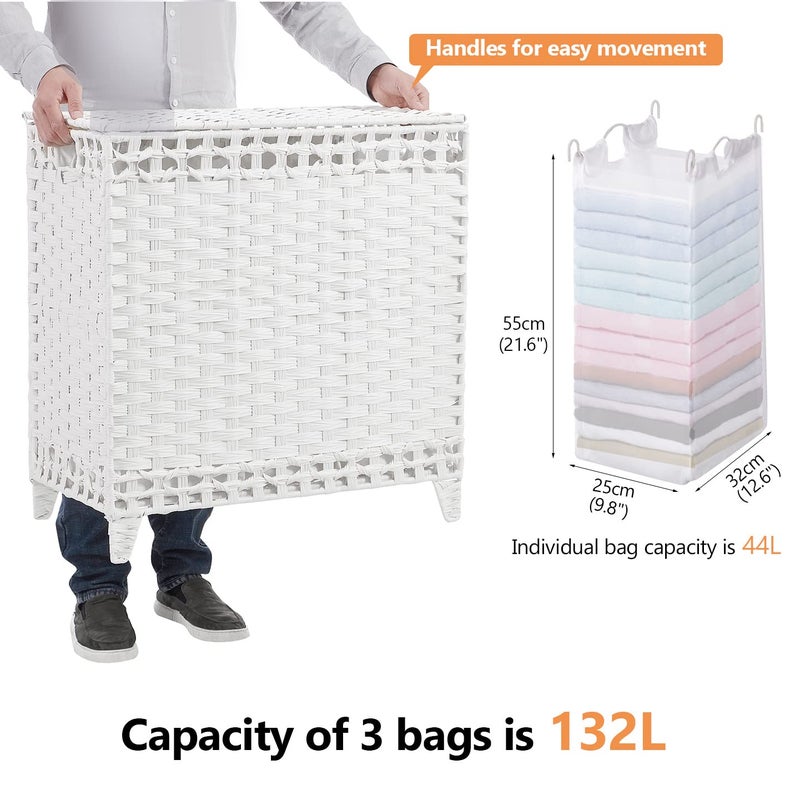 Hermina Laundry Hamper with 3 Removable Liner Bags; 132L Handwoven Rattan Laundry Basket with Lid & Heightened Feet; Clothes Hamper with Side Handles; Laundry Sorter with 3 Separate Sections (White) - Image 4