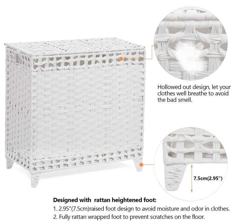 Hermina Laundry Hamper with 3 Removable Liner Bags; 132L Handwoven Rattan Laundry Basket with Lid & Heightened Feet; Clothes Hamper with Side Handles; Laundry Sorter with 3 Separate Sections (White) - Image 5