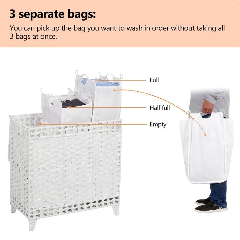 Hermina Laundry Hamper with 3 Removable Liner Bags; 132L Handwoven Rattan Laundry Basket with Lid & Heightened Feet; Clothes Hamper with Side Handles; Laundry Sorter with 3 Separate Sections (White) - Image 3