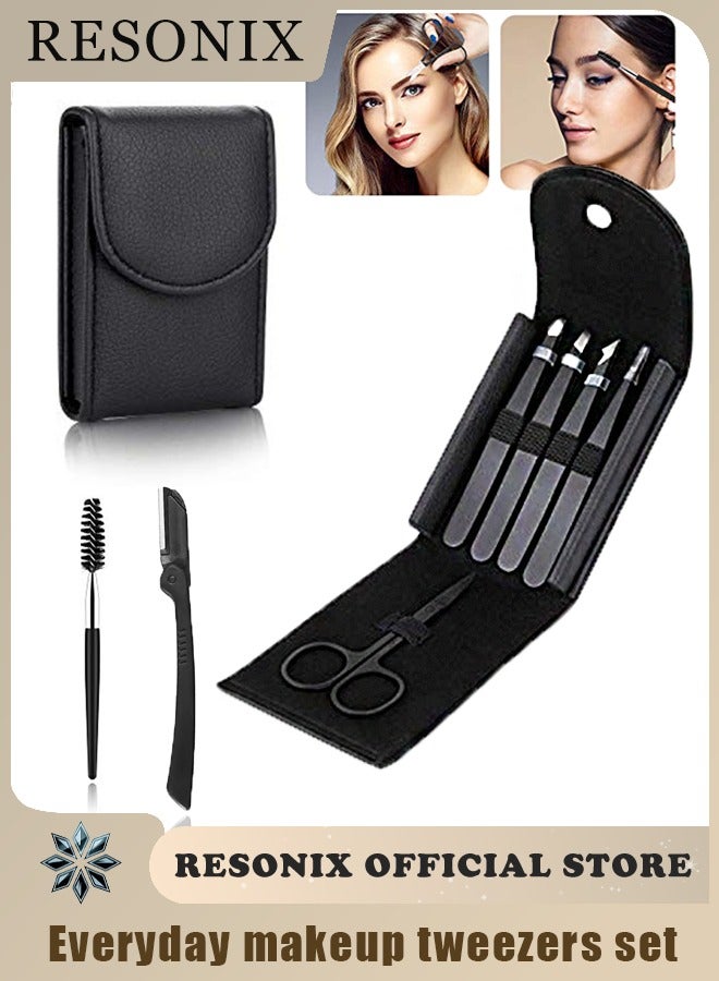 RESONIX 7-Piece Professional Stainless Steel Tweezers Set – Eyebrow Tweezer Kit for Facial Hair & Ingrown Hair Removal with Slant Tweezer, Curved Scissors, Shaver & Leather Case - Image 1