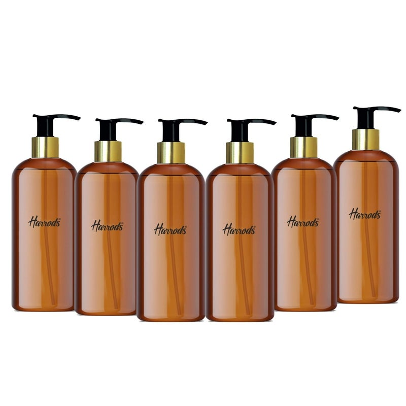Harrods 6-Piece Amber Empty Refillable Shampoo Pump Bottles | 500ml Plastic Soap Dispenser for Wash Basin, Handwash | BPA-Free, Durable Spray Bottles for Liquid Soap, Lotion, Conditioner (Amber) - Image 1