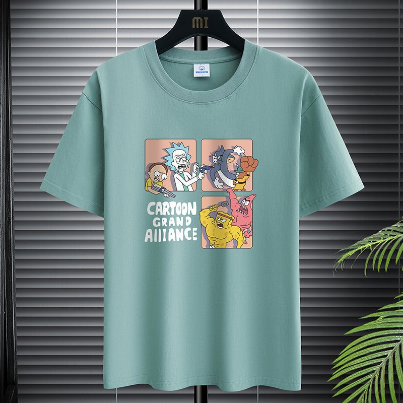 200G Heavy Cotton T-Shirt Men'S Short-Sleeved Cartoon Printed T-Shirt Loose Top Men'S White Base - Image 1