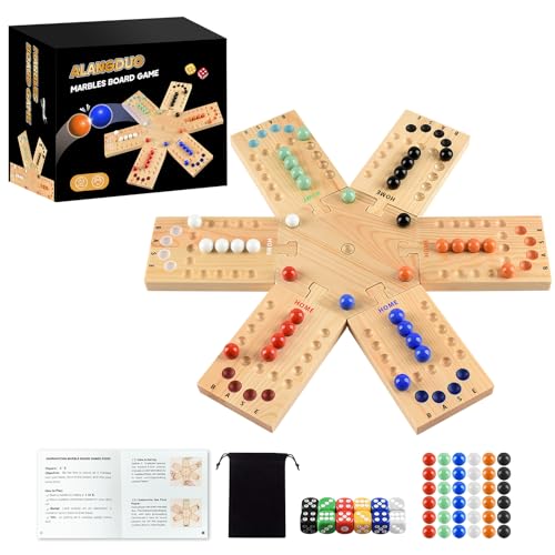 ALANGDUO Deeper Holes Larger Marbles Original Wooden Marble Board Game Portable for 26 Players Wahoo Game with 36 Marbles 12 Dice for Family Friends Party Travel and Camping - Image 1