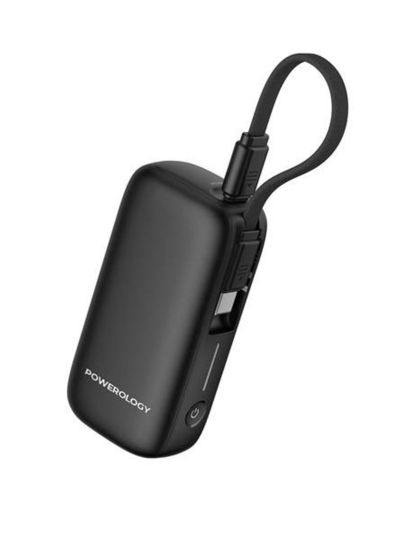 Powerology 5000mAh Power Bank with Removable USB-C Wire, Advanced Charging Technology, 2-Device Charging, Compact & Portable, Built-in Safeguards, 20W Power Delivery - Black - Image 1