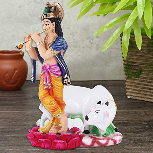 MARINER'S CREATION Polyresin and Marble Dust Krishna Idol with Cow Showpiece for Home Decor (10x6x27cm Krishna, 16x10x11 cm Cow, Multicolour) - Image 3
