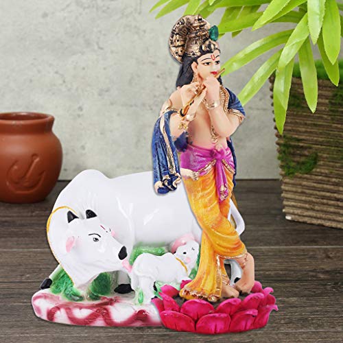 MARINER'S CREATION Polyresin and Marble Dust Krishna Idol with Cow Showpiece for Home Decor (10x6x27cm Krishna, 16x10x11 cm Cow, Multicolour) - Image 2
