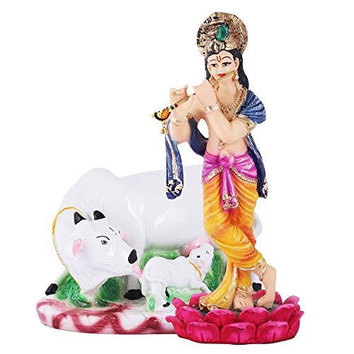 MARINER'S CREATION Polyresin and Marble Dust Krishna Idol with Cow Showpiece for Home Decor (10x6x27cm Krishna, 16x10x11 cm Cow, Multicolour) - Image 5