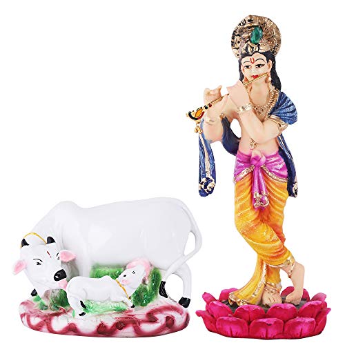 MARINER'S CREATION Polyresin and Marble Dust Krishna Idol with Cow Showpiece for Home Decor (10x6x27cm Krishna, 16x10x11 cm Cow, Multicolour) - Image 4