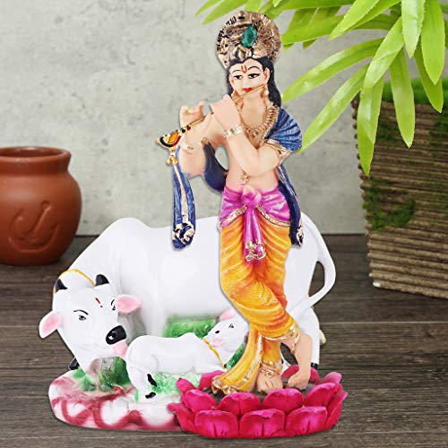 MARINER'S CREATION Polyresin and Marble Dust Krishna Idol with Cow Showpiece for Home Decor (10x6x27cm Krishna, 16x10x11 cm Cow, Multicolour) - Image 1