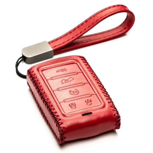 Vitodeco Genuine Leather Smart Key Fob Case Compatible with Jeep Wagoneer Jeep Grand Wagoneer Jeep Grand Cherokee 20222025 New 5Button Red