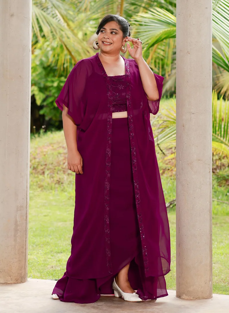 Instafab Plus Women's Floral-Embroidery Draped Co-Ord Set For Ethnic Wear | Open-Front Neck, Kimono Sleeves | Floral Embroidery | 3 Piece Co-Ords Designed For Evening & Party Wear | Grape Purple
