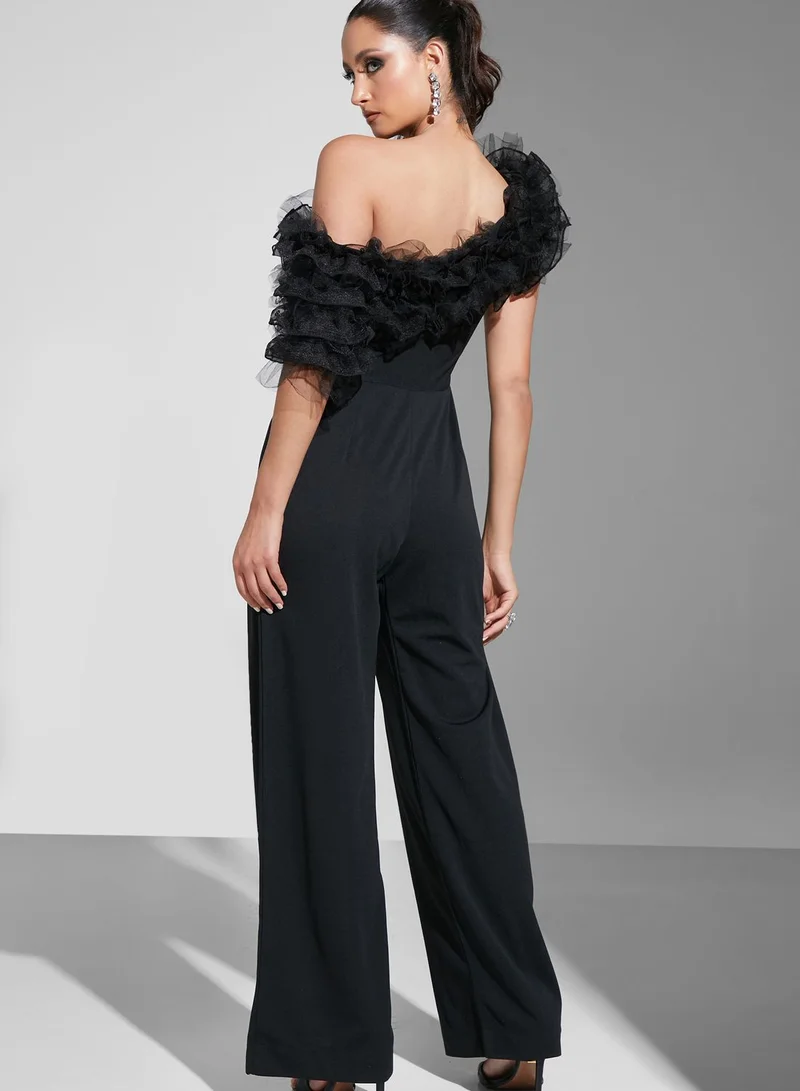 Namshi X Hadia Ghaleb Hadia Ghaleb Ruffle Tulle One Shoulder Jumpsuit