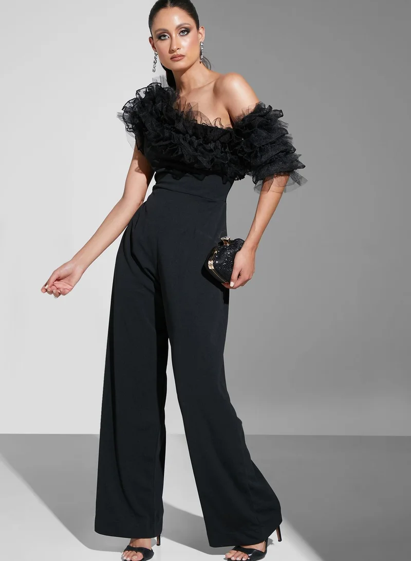 Namshi X Hadia Ghaleb Hadia Ghaleb Ruffle Tulle One Shoulder Jumpsuit