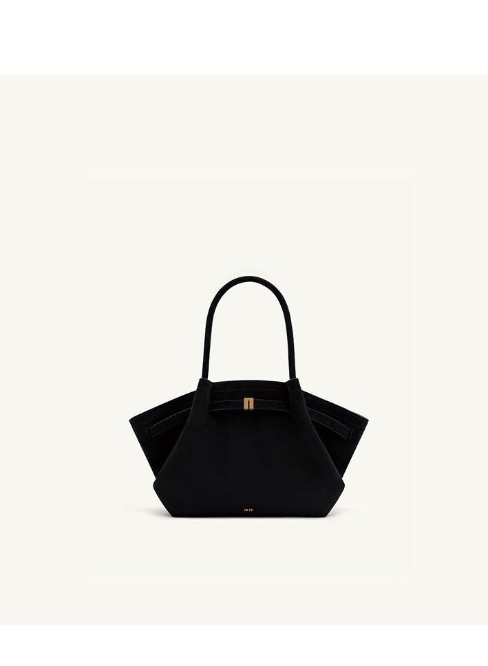 Classic Black Suede Tote Bag with Gold Accent-Large