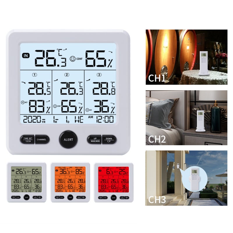 Digital Wireless Indoor Outdoor Thermohygrometer with 3 Remote Sensors 98ft/ 30m Backlight & Alarm Calibration Function Temperature Humidity Monitor with 3 Transmitters Weather Stations for Home Office Greenhouse Warehouse - Image 2