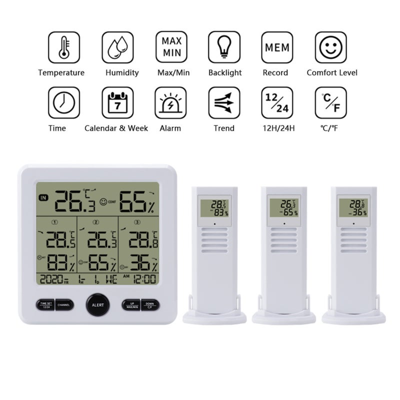Digital Wireless Indoor Outdoor Thermohygrometer with 3 Remote Sensors 98ft/ 30m Backlight & Alarm Calibration Function Temperature Humidity Monitor with 3 Transmitters Weather Stations for Home Office Greenhouse Warehouse - Image 3