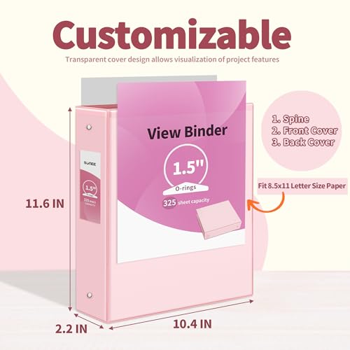 SUNEE 3 Ring Binder 1.5 Inch 2 Pack, Clear View Binder Three Ring PVC-Free (Fit 8.5x11 Inches) for School or Office Supplies, Pink - Image 2