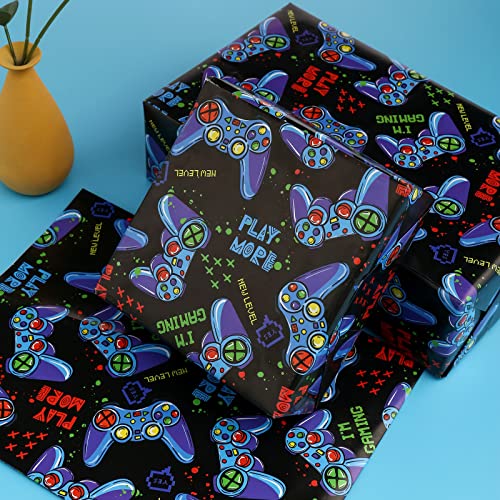 BULKYTREE Gaming Wrapping Paper with Cut Lines for Kids Boys Men Birthday Holiday Party - 3 Large Sheets Video Game Gift Wrap “I'M Gaming”, Gamepad, “Play Game” - 27 Inch X 39.4 Inch Per Sheet - Image 5