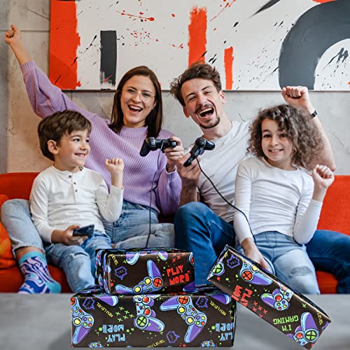 BULKYTREE Gaming Wrapping Paper with Cut Lines for Kids Boys Men Birthday Holiday Party - 3 Large Sheets Video Game Gift Wrap “I'M Gaming”, Gamepad, “Play Game” - 27 Inch X 39.4 Inch Per Sheet - Image 4