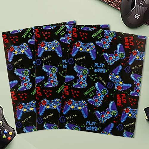 BULKYTREE Gaming Wrapping Paper with Cut Lines for Kids Boys Men Birthday Holiday Party - 3 Large Sheets Video Game Gift Wrap “I'M Gaming”, Gamepad, “Play Game” - 27 Inch X 39.4 Inch Per Sheet - Image 2
