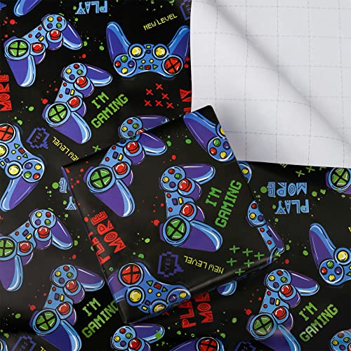 BULKYTREE Gaming Wrapping Paper with Cut Lines for Kids Boys Men Birthday Holiday Party - 3 Large Sheets Video Game Gift Wrap “I'M Gaming”, Gamepad, “Play Game” - 27 Inch X 39.4 Inch Per Sheet - Image 1