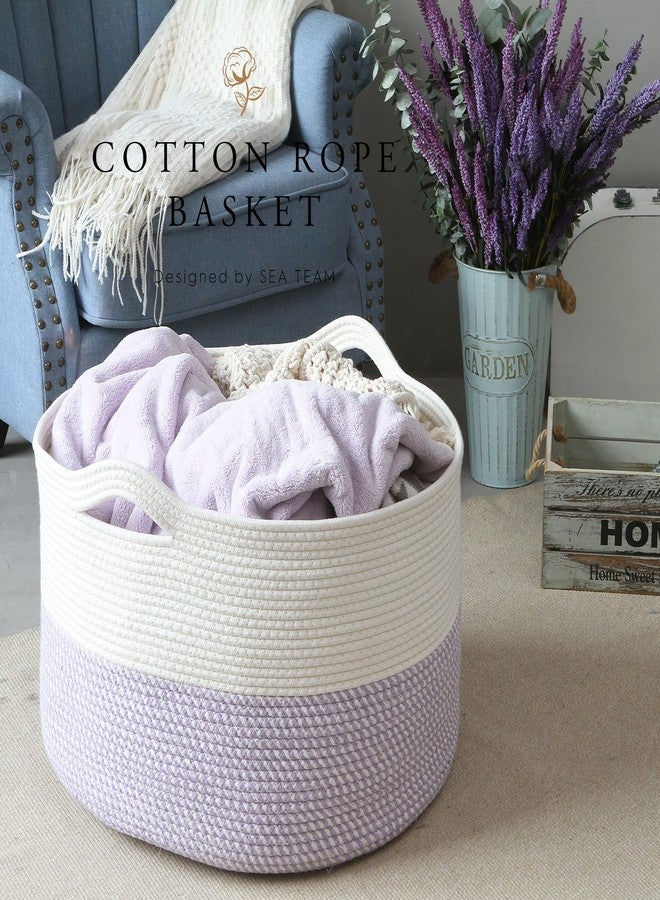 Sea Team XXXL Cotton Rope Basket, Large Woven Nursery Storage Bin, Laundry Hamper, Jumbo Blanket Basket for Rugs, Cushions, Pillows, Toys Organizer, 22 x 14 Inches, White & Mottled Lavender - Image 3