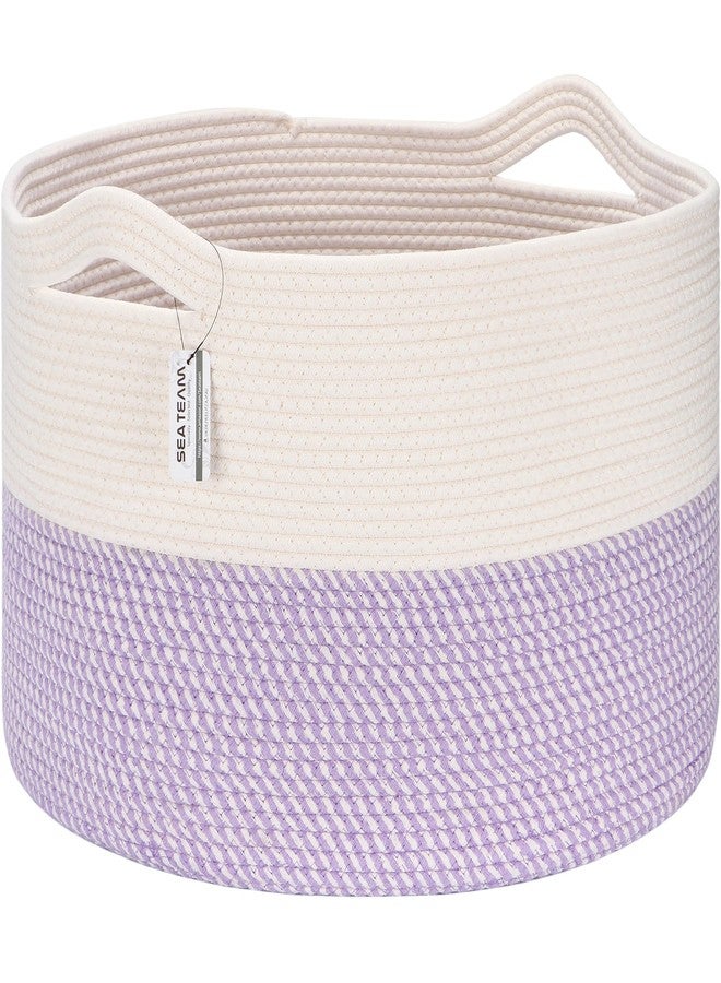 Sea Team XXXL Cotton Rope Basket, Large Woven Nursery Storage Bin, Laundry Hamper, Jumbo Blanket Basket for Rugs, Cushions, Pillows, Toys Organizer, 22 x 14 Inches, White & Mottled Lavender - Image 1