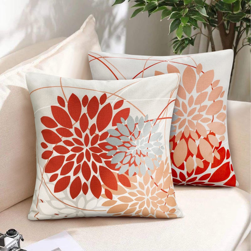 RYBornament Orange Pillow Cases 2 Pack Geometric Floral Pillow Case Fall Farmhouse Cushion Cover Sofa Throw Covers Linen Cushion Covers 18x18 For Home Patio Lounge Furniture Sofa Bench Cushions Decor