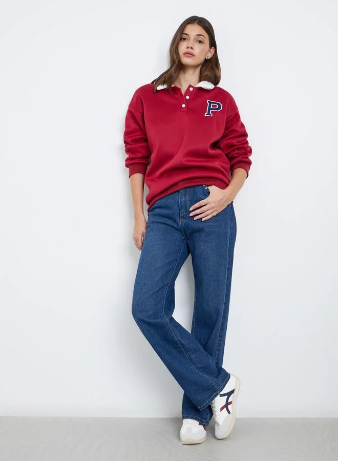Styli Styli Red Varsity Letter Sweatshirt with Contrast Collar
