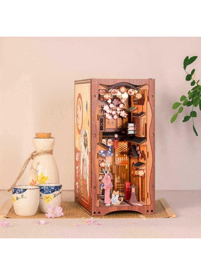 3D Wooden Puzzle Bookends, DIY Book Nook Kit, Island Holiday Model Building Kit Insert Decor with Sensor Light, Creative Stand Bookshelf for Home Decorative Books (Style 2 Sakura - Image 3