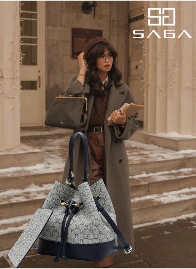 SAGA 3 Pieces Navy Bucket Bag: Modern elegance with a touch of luxury  - Image 2