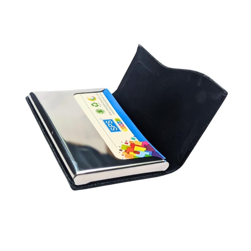 Skrill Business Card Holder for Men and Women, PU Leather and Stainless Steel, Black, Unisex, Holds Up to 15 Visiting Cards or 7-8 Credit/Debit/ATM Cards, Magnetic Closure, Slim Design - Image 3