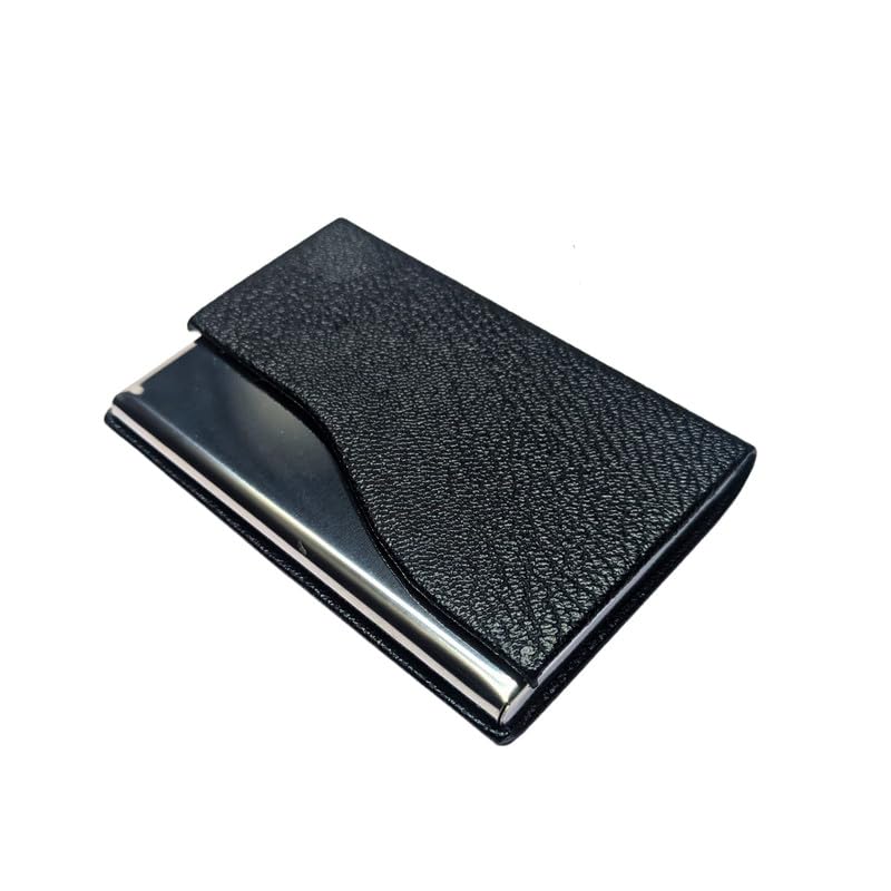Skrill Business Card Holder for Men and Women, PU Leather and Stainless Steel, Black, Unisex, Holds Up to 15 Visiting Cards or 7-8 Credit/Debit/ATM Cards, Magnetic Closure, Slim Design - Image 1
