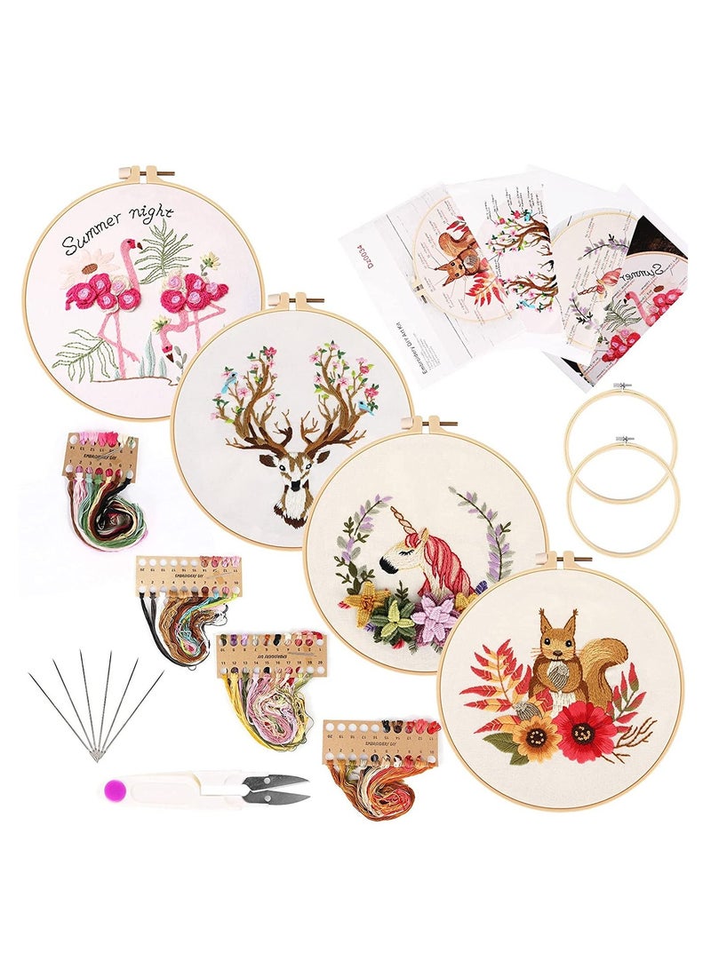 Embroidery Starters Kit with Pattern for Beginners, 4 Pack Cross Stitch Kits, 2 Wooden Hoops, Scissors, Needles and Color Threads, Needlepoint Adults - Image 1