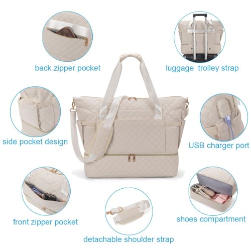 DRAVINA Travel Duffle Bag with USB Charging Port, Wet Pocket with Shoes Compartment, and 2 Additional Pouches – Waterproof Multipurpose Weekender Bag for Travel, Gym, Men & Women (55cm, Beige) - Image 4