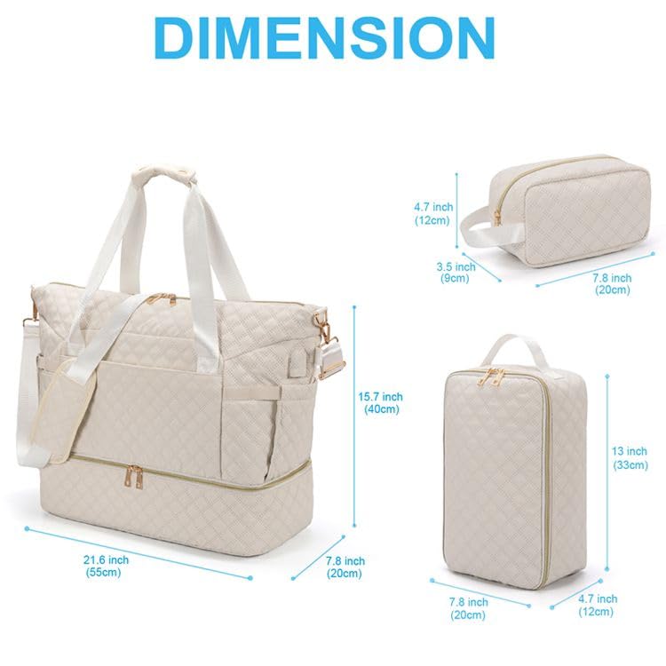 DRAVINA Travel Duffle Bag with USB Charging Port, Wet Pocket with Shoes Compartment, and 2 Additional Pouches – Waterproof Multipurpose Weekender Bag for Travel, Gym, Men & Women (55cm, Beige) - Image 2