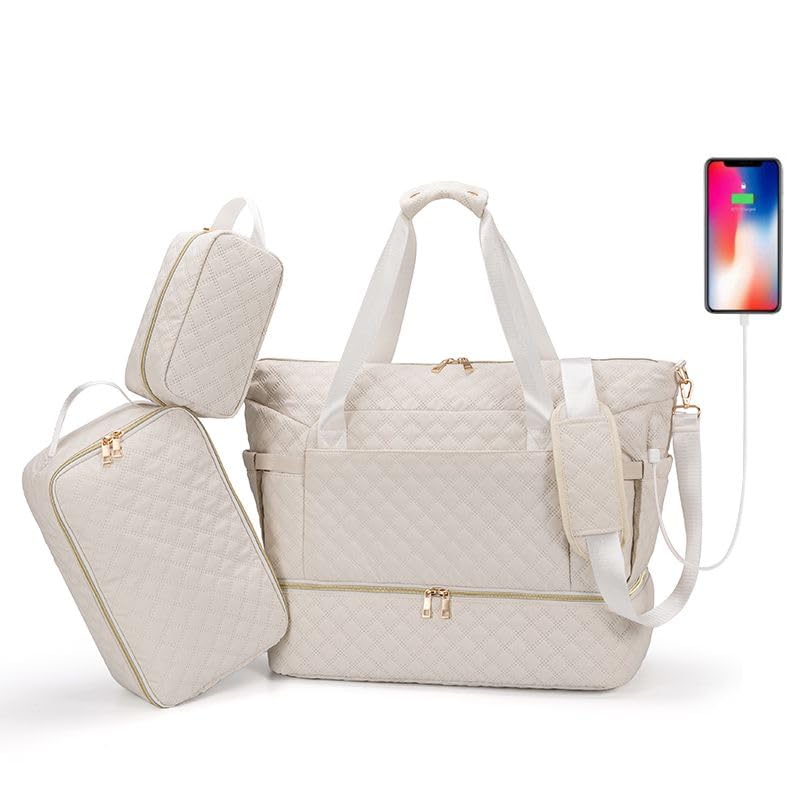 DRAVINA Travel Duffle Bag with USB Charging Port, Wet Pocket with Shoes Compartment, and 2 Additional Pouches – Waterproof Multipurpose Weekender Bag for Travel, Gym, Men & Women (55cm, Beige) - Image 1