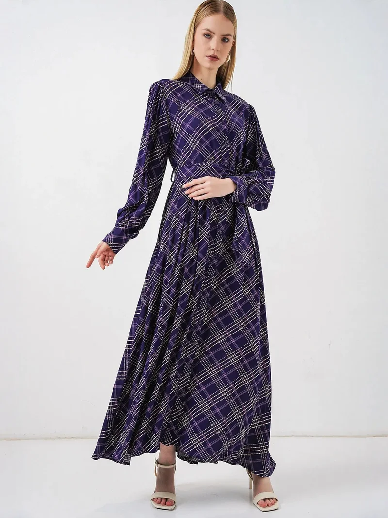 Big Dart Amethyst Purple BDART Plaid Midi Shirt Dress with Button Closure for Women | Best Price UAE
