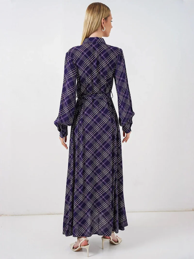 Big Dart Amethyst Purple BDART Plaid Midi Shirt Dress with Button Closure for Women | Best Price UAE