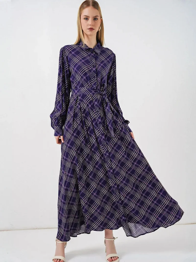 Big Dart Amethyst Purple BDART Plaid Midi Shirt Dress with Button Closure for Women | Best Price UAE
