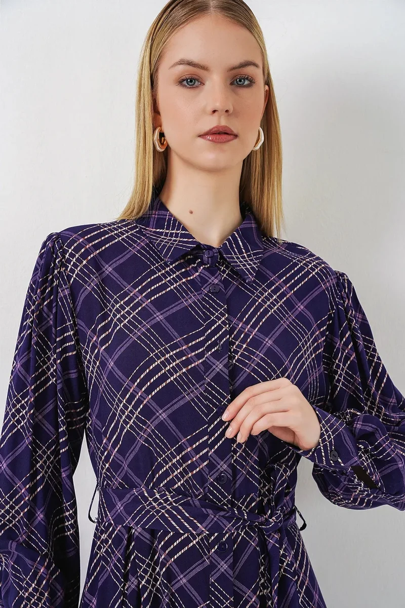 بيغ دارت BDART Plaid Midi Shirt Dress with Button Closure